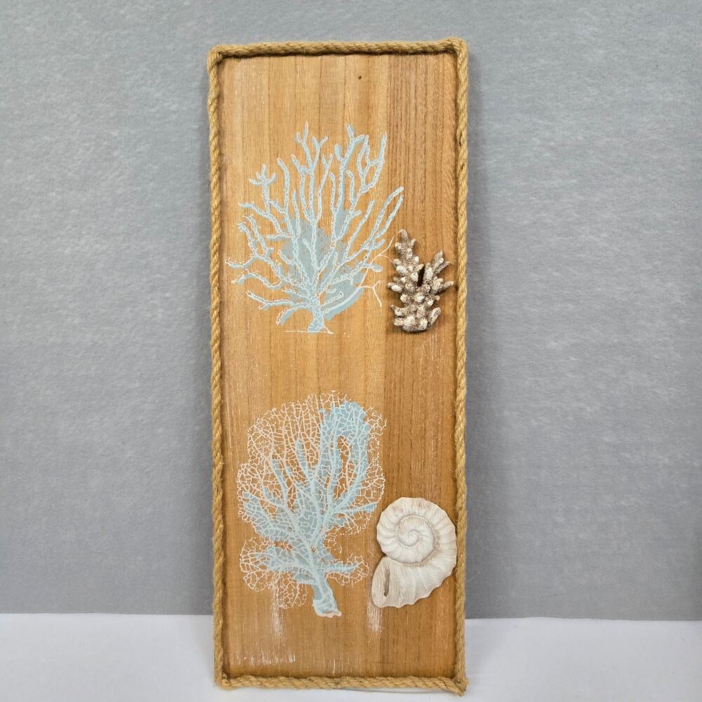 Wooden Coastal Wall Art Decor Rope Trim, Shells, Coral Prints 9.5"x24" - NEW